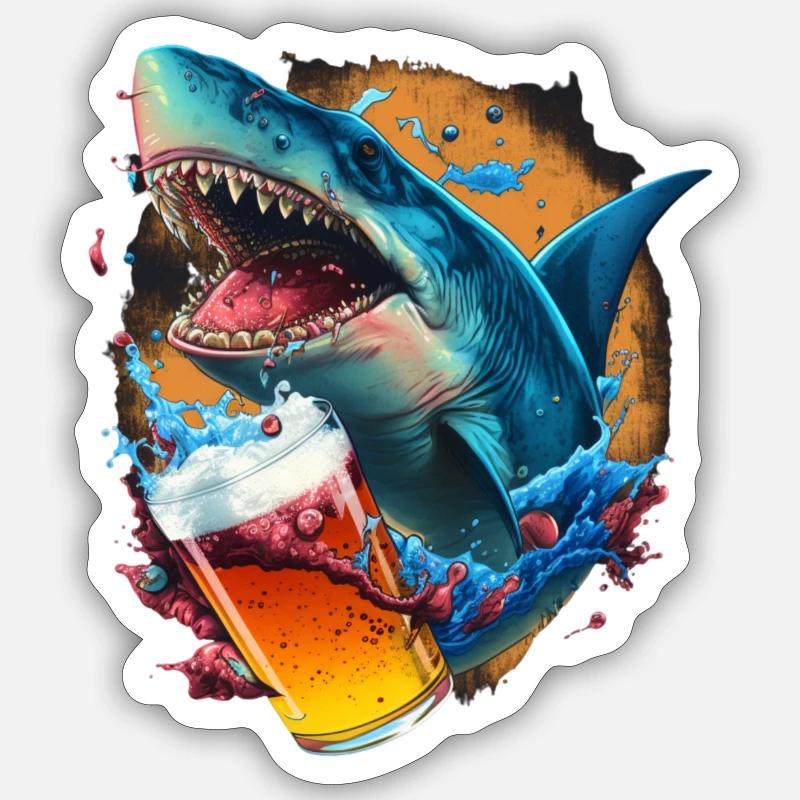 Beer-drinking shark - Sticker size S (10 x 10 cm) - white matte