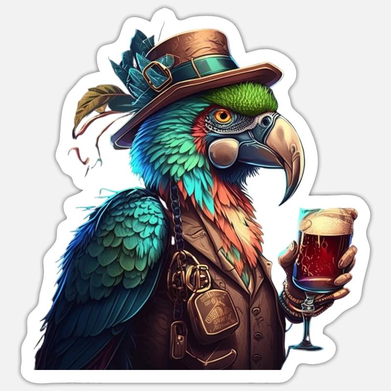 Cooler Papagei mitHut und Bier - Sticker Größe S (10 x 10 cm) - Mattweiß