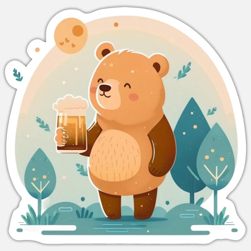 doux ours heureux avec bière - Sticker taille S (10 x 10 cm) - blanc mat