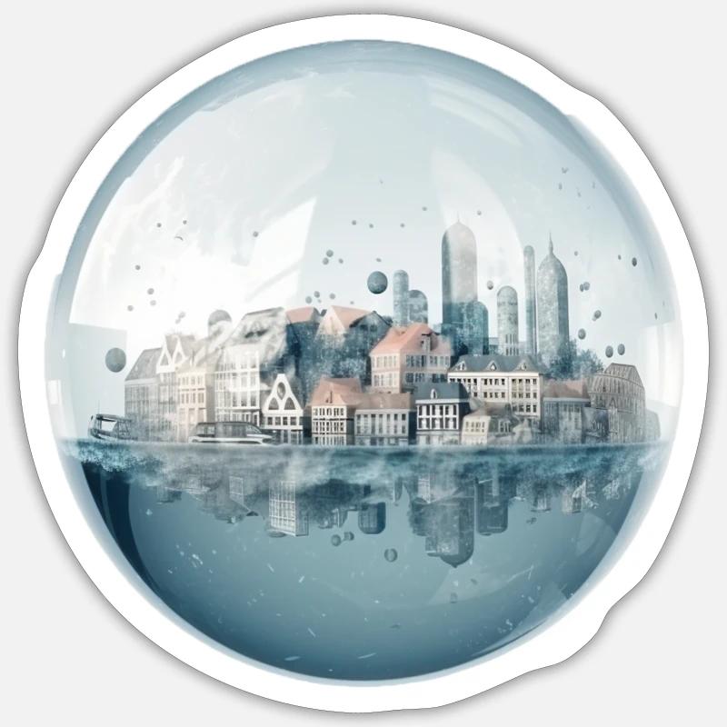 Stadt im Meer - Häuser in einer Glaskugel - Sticker Größe S (10 x 10 cm) - Mattweiß