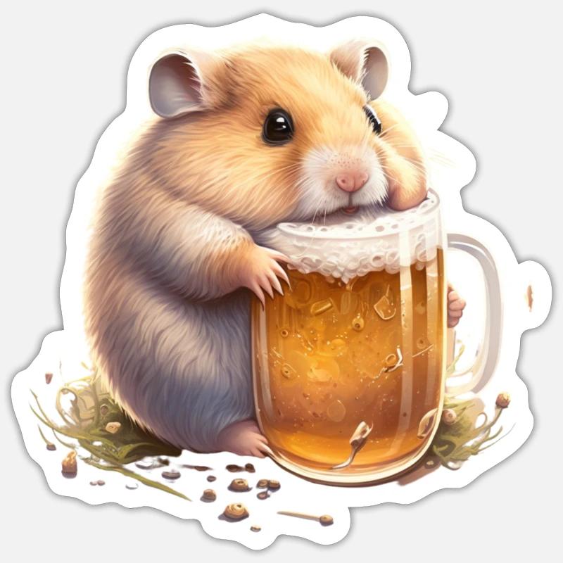 Kleiner dicker lustiger Hamster mit Bier - Sticker Größe S (10 x 10 cm) - Mattweiß