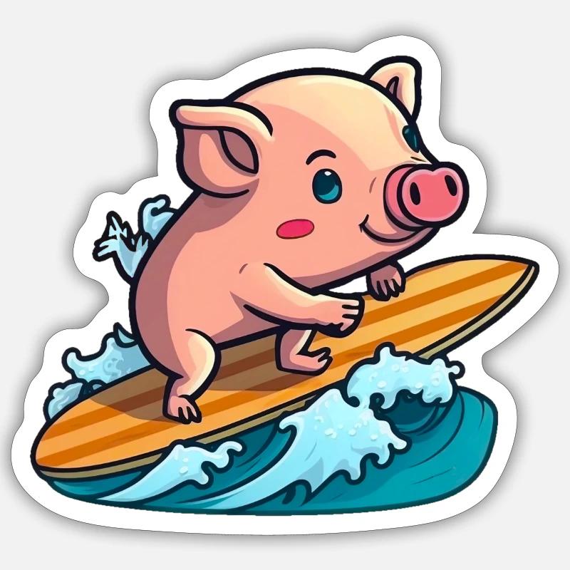 Cochon mignon dans la mer surf surf surf surf sur planche de surf - Sticker taille S (10 x 10 cm) - blanc mat