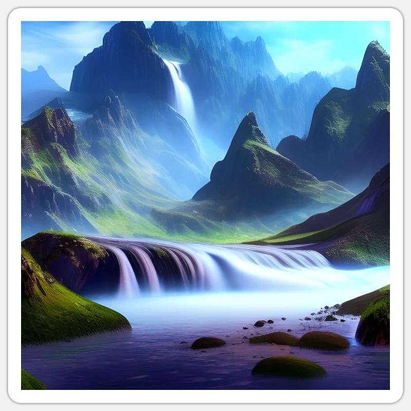 Cascade et Berge_01 - Sticker taille S (10 x 10 cm) - blanc mat