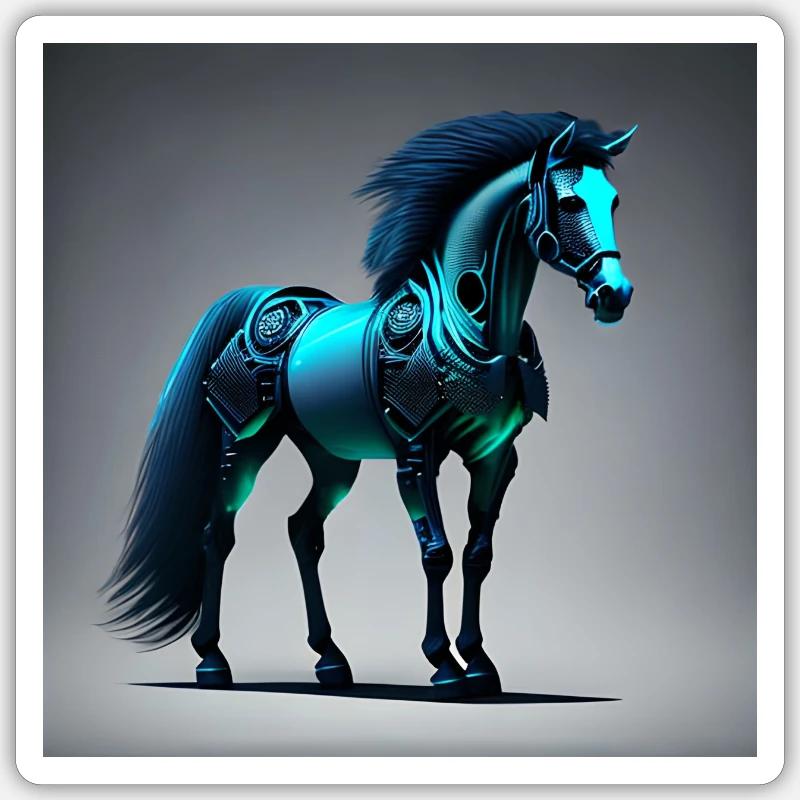Cheval Cyborg Bleu - Sticker taille S (10 x 10 cm) - blanc mat