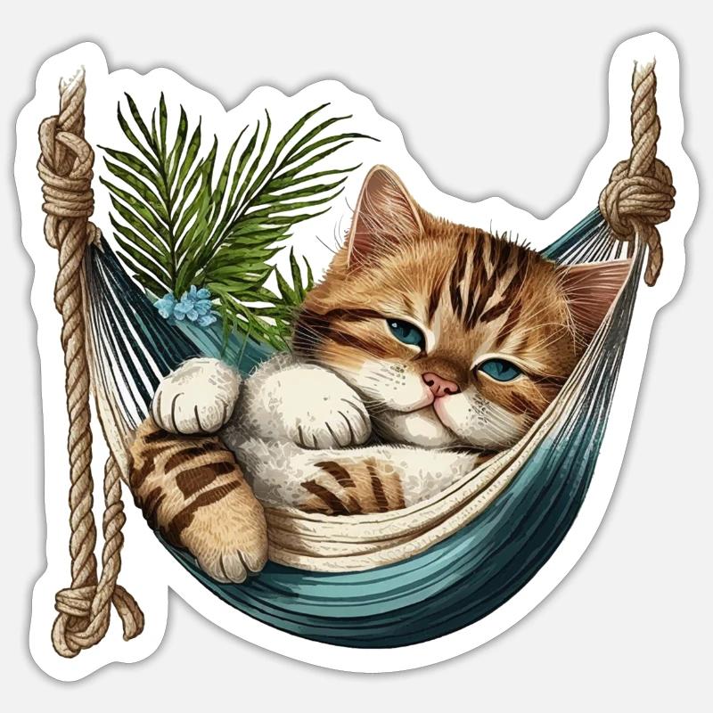 Chat dans un Hammock - Sticker taille S (10 x 10 cm) - blanc mat