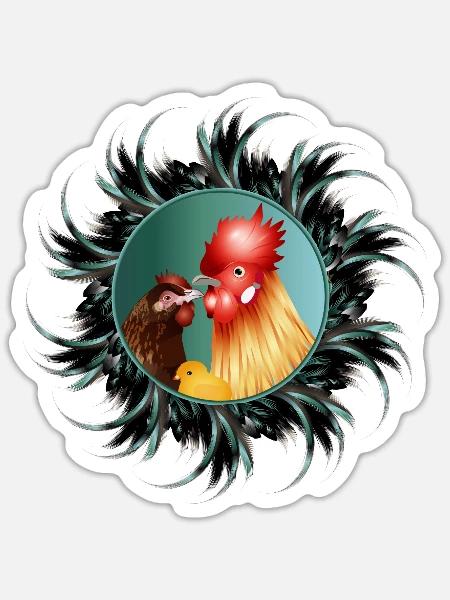 Hahn mit Henne und Küken im Hahnenfeder Rahmen - Sticker Größe S (10 x 10 cm) - Mattweiß