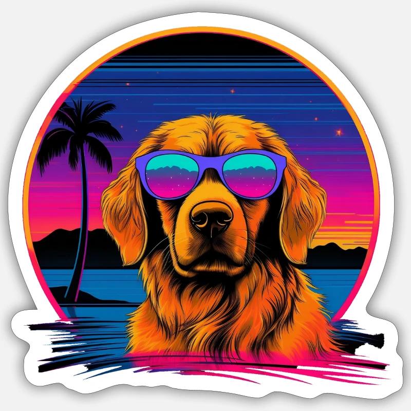Golden Retriever Synthwave - Sticker taille S (10 x 10 cm) - blanc mat