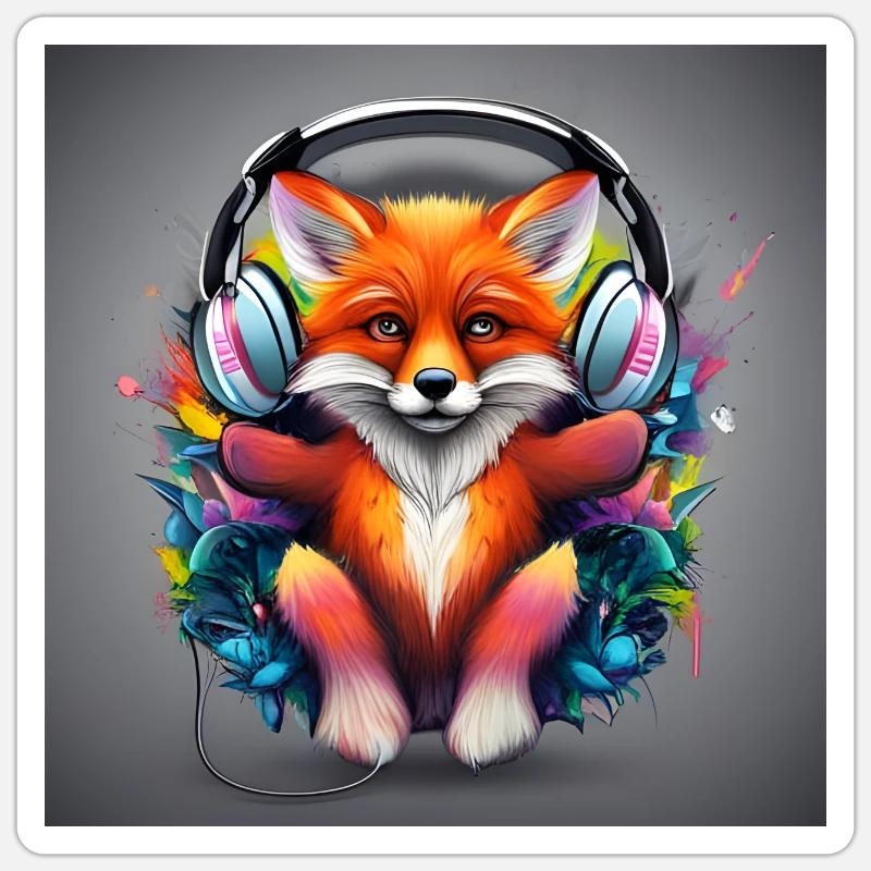 Fuchs mit Kopfhörer Farbexplosion - Sticker Größe S (10 x 10 cm) - Mattweiß