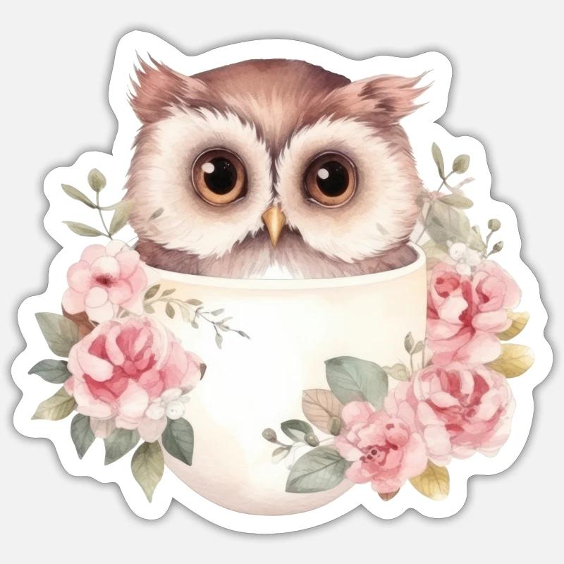 Niedliche Eule mit Rosen in einer Tasse - Sticker Größe S (10 x 10 cm) - Mattweiß