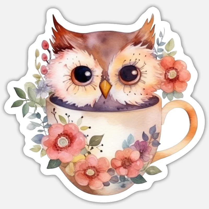 Niedliche Eule sitzt in einer Tasse mit Blumen - Sticker Größe S (10 x 10 cm) - Mattweiß