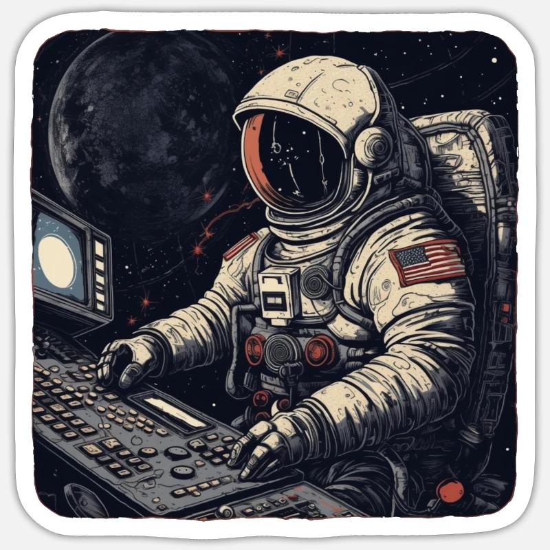 Cool retro astronaut operates computers - Sticker size S (10 x 10 cm) - white matte