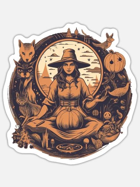 Düstere wunderschöne Hexe mit Hut und Kürbis - Sticker Größe S (10 x 10 cm) - Mattweiß