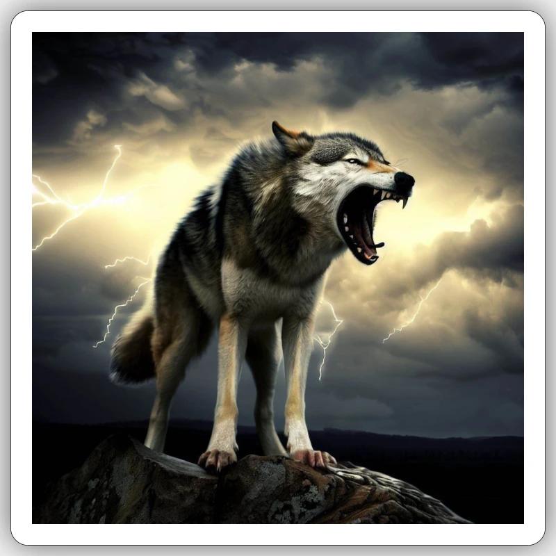 Aggressive wolf on a mountain Sticker size S (10 x 10 cm)