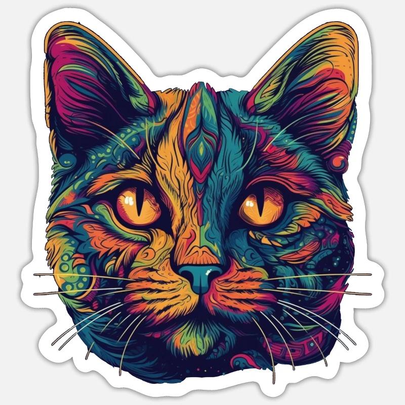 Psychedelisches Katzengesicht mit bunten Mustern Sticker Größe S (10 x 10 cm)
