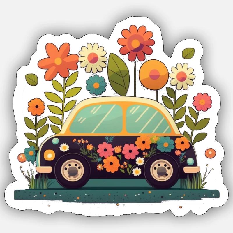 Süßes Blumen Auto 3 - Sticker Größe S (10 x 10 cm) - Mattweiß