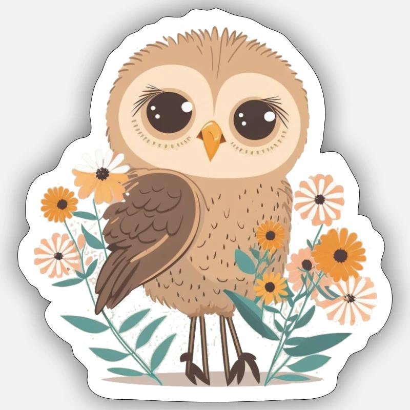 Hibou mignon dans la forêt de fleurs 2 - Sticker taille S (10 x 10 cm) - blanc mat