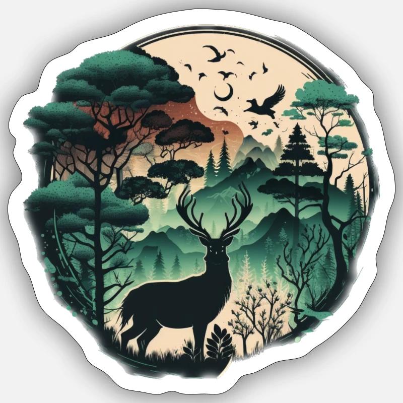 Forêt avec cerfs - Sticker taille S (10 x 10 cm) - blanc mat