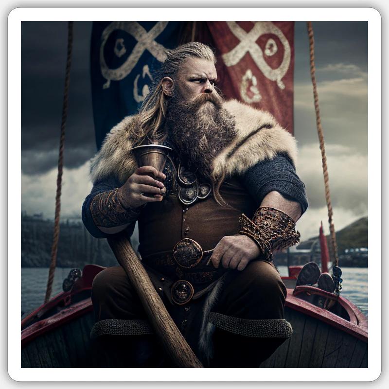 Vikings avec une cruche d’hydromel sur son navire - Sticker taille S (10 x 10 cm) - blanc mat