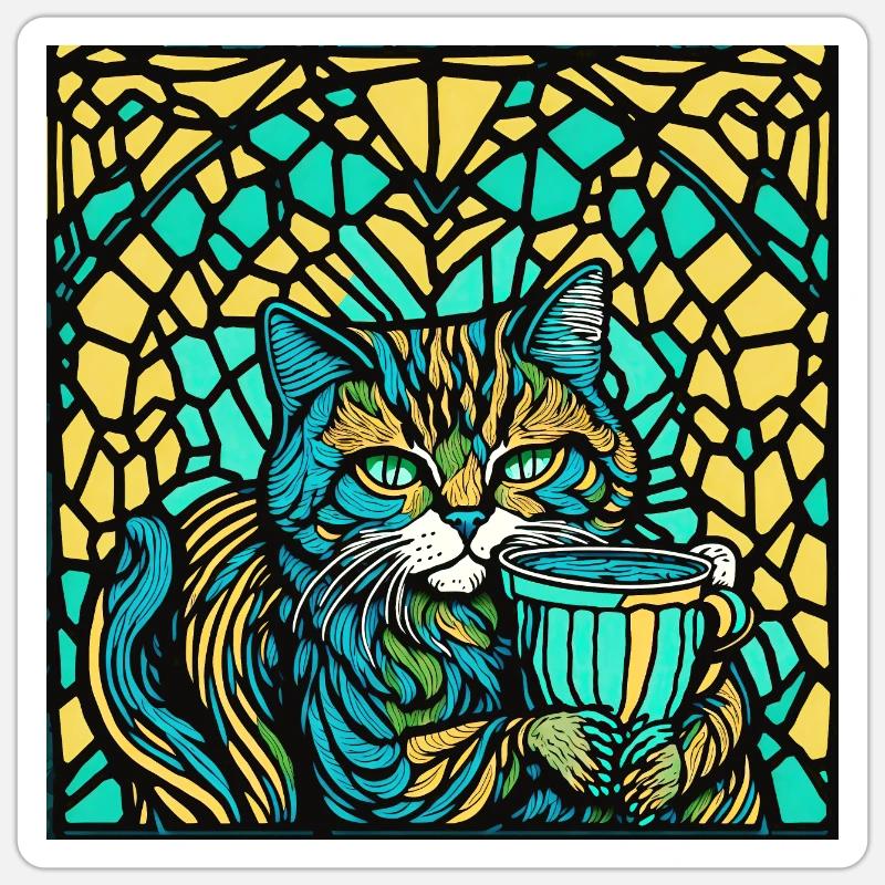 Chat avec une tasse - Sticker taille S (10 x 10 cm) - blanc mat