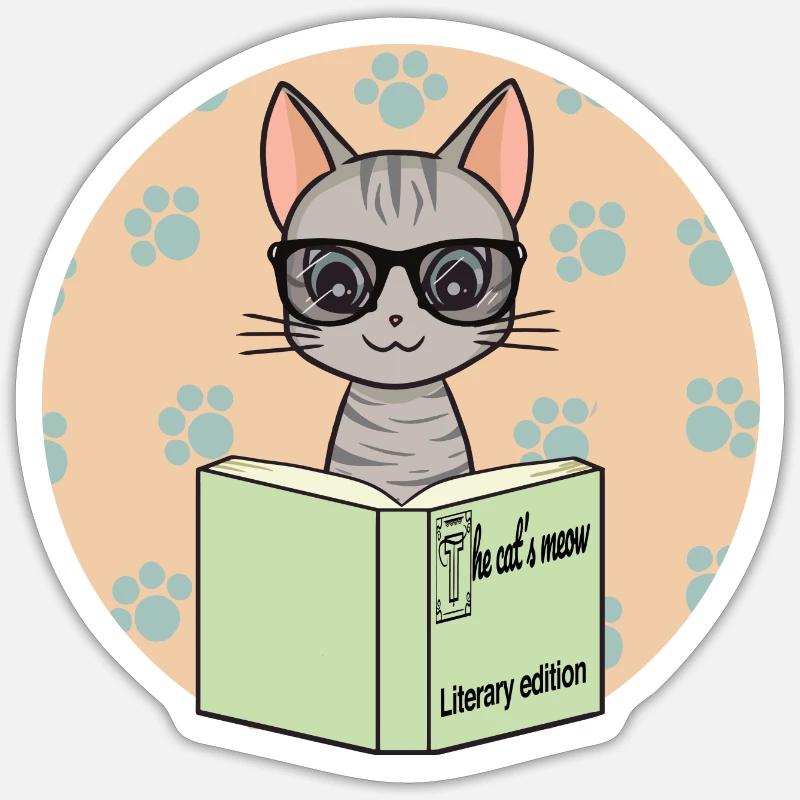 Niedliche graue Katze mit Brille - Sticker Größe S (10 x 10 cm) - Mattweiß