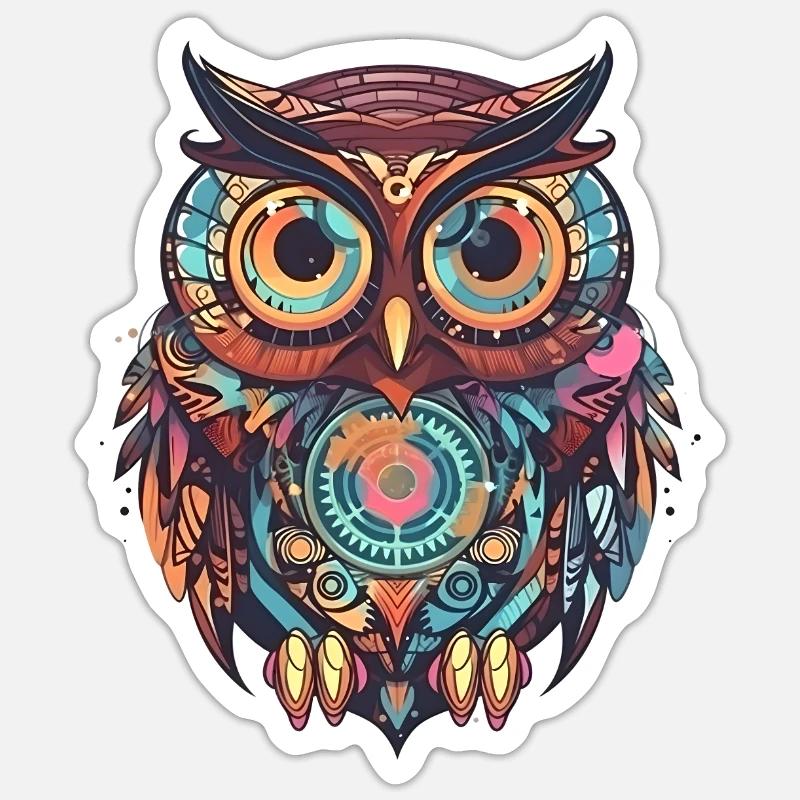 Cute owl with clockwork, comic style, geometric Sticker size S (10 x 10 cm)