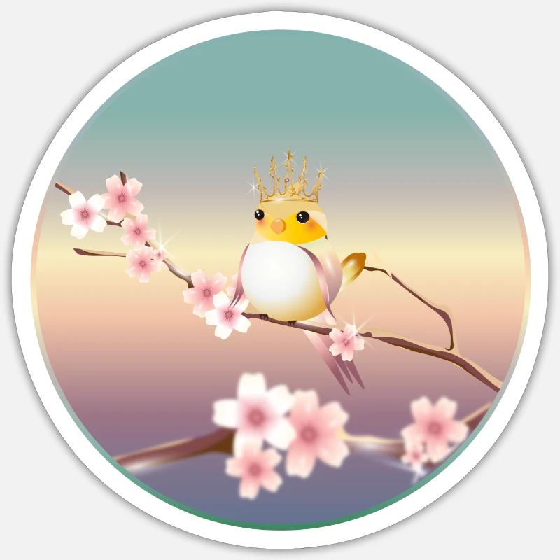Kanarienvogel mit Krone auf Kirschblüten Ast - Sticker Größe S (10 x 10 cm) - Mattweiß