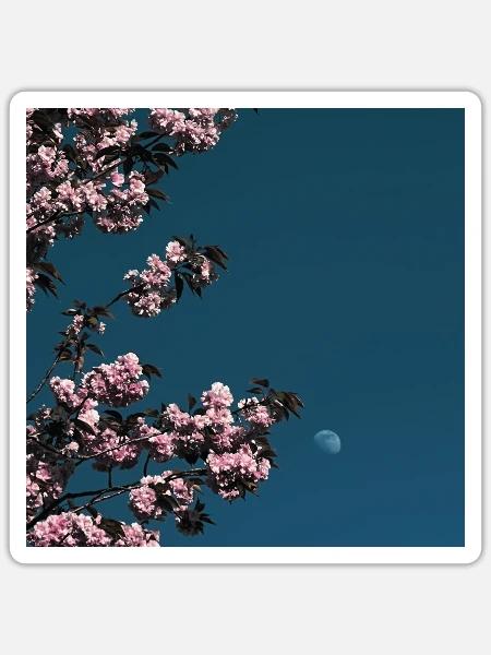 Kirschbaum mit Mond - Sticker Größe S (10 x 10 cm) - Mattweiß