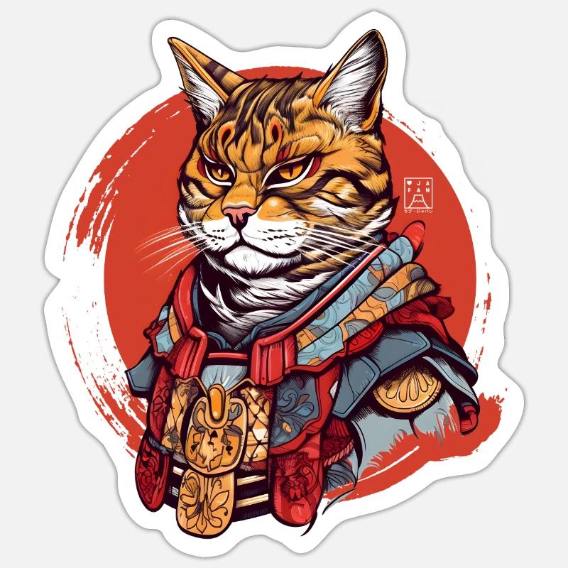 Chat samouraï - Sticker taille S (10 x 10 cm) - blanc mat