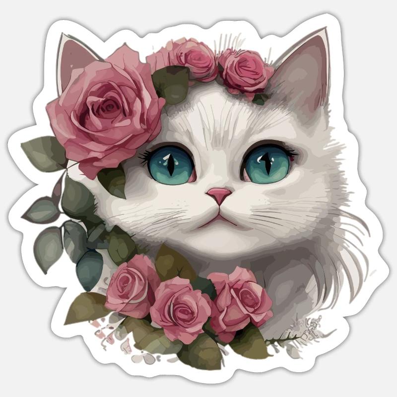 Chat blanc mignon avec de grands yeux - Sticker taille S (10 x 10 cm) - blanc mat
