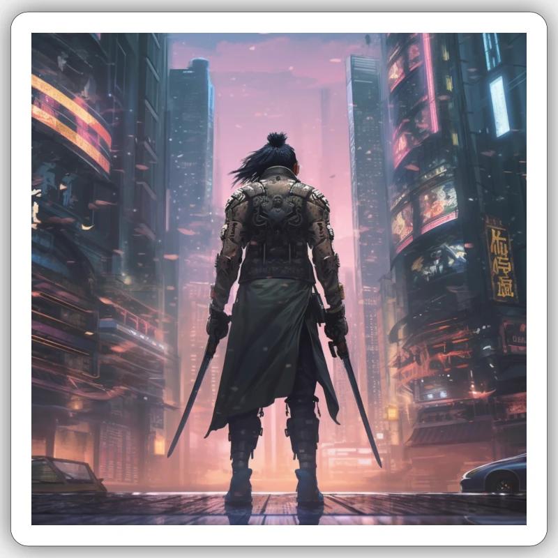 Samouraï Cyberpunk - Sticker taille S (10 x 10 cm) - blanc mat