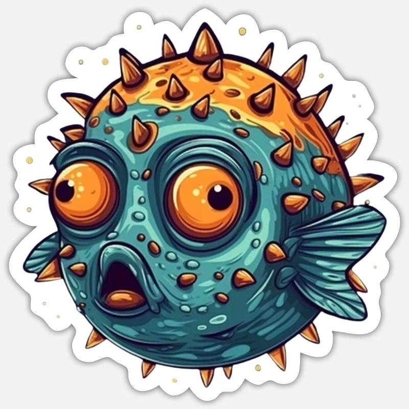 Funny puffer fish with spines that squints humor Sticker size S (10 x 10 cm)