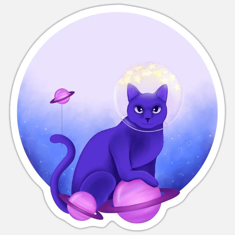 Chat astronaute violet - Sticker taille S (10 x 10 cm) - blanc mat