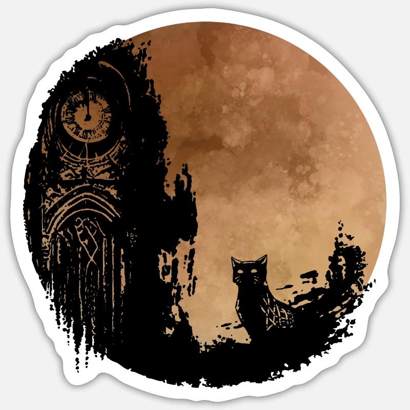 Alter Uhrturm mit Katze (Orange) - Sticker Größe S (10 x 10 cm) - Mattweiß