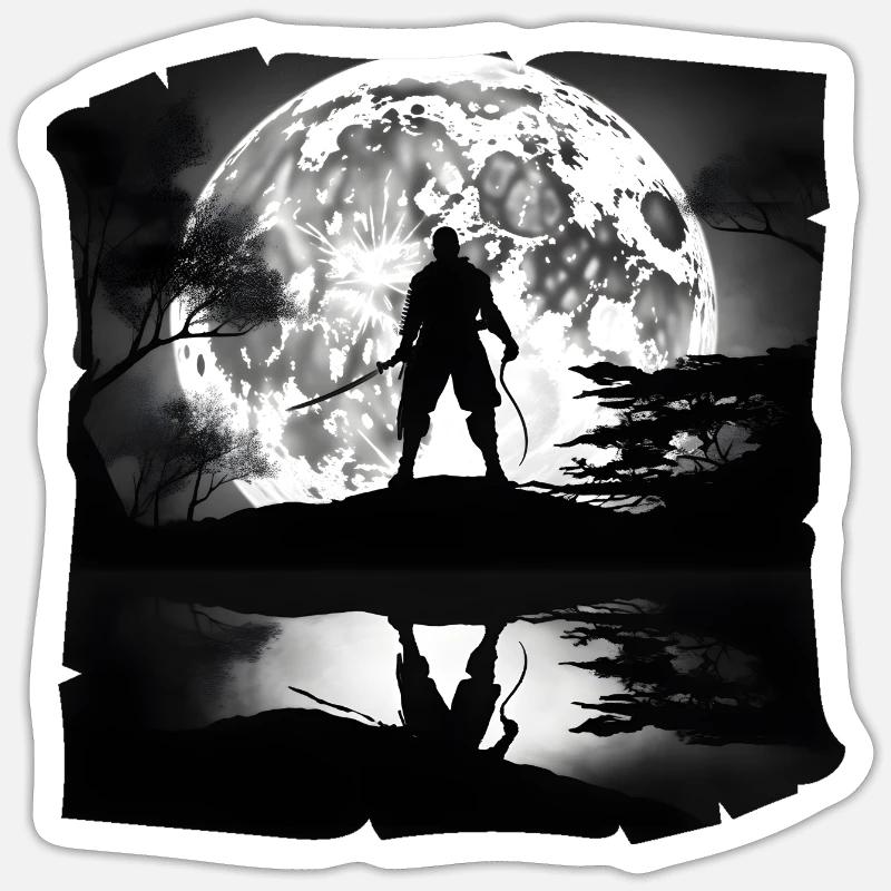 Samurai im Mond #3 - Sticker Größe S (10 x 10 cm) - Mattweiß