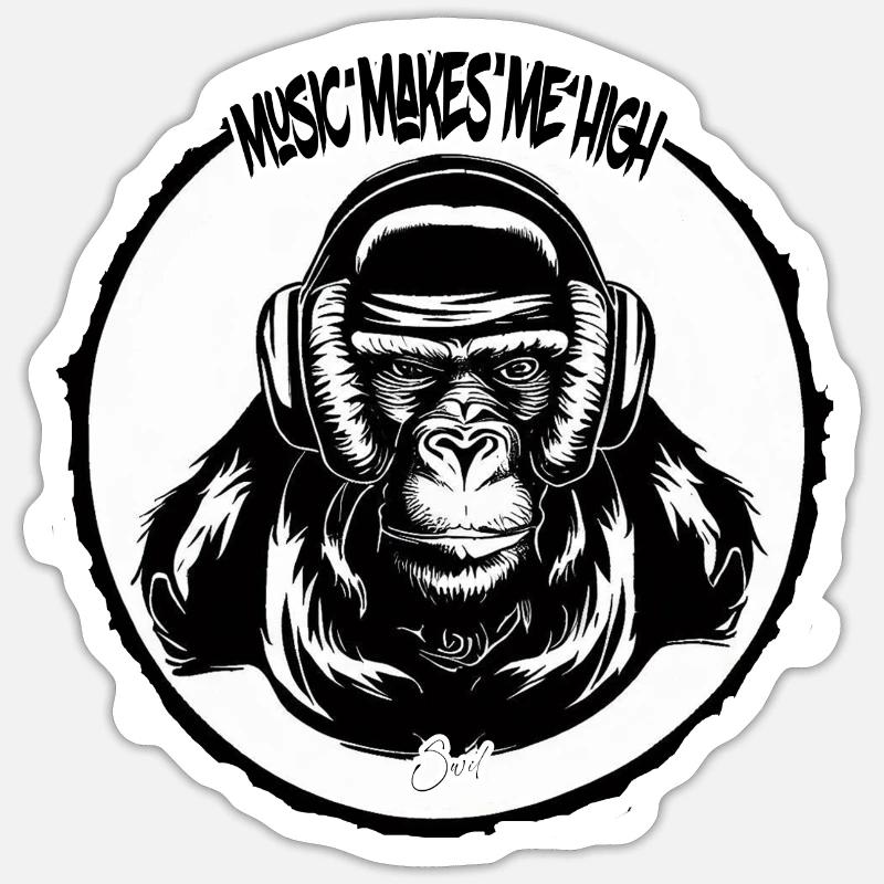 Music makes me high Monkey - Sticker taille S (10 x 10 cm) - blanc mat