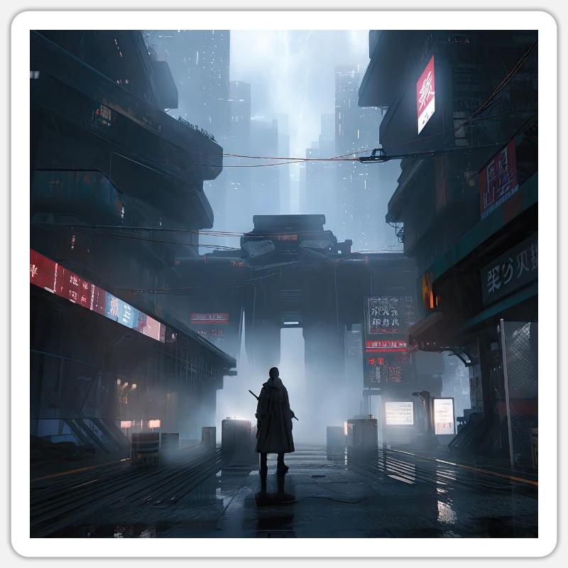 Shadow Ronin: Samurai-Silhouette im Regen - Sticker Größe S (10 x 10 cm) - Mattweiß