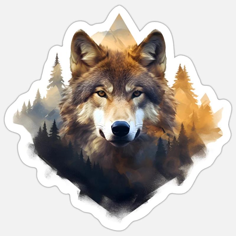 Wolf mit Bergen Sticker Größe S (10 x 10 cm)