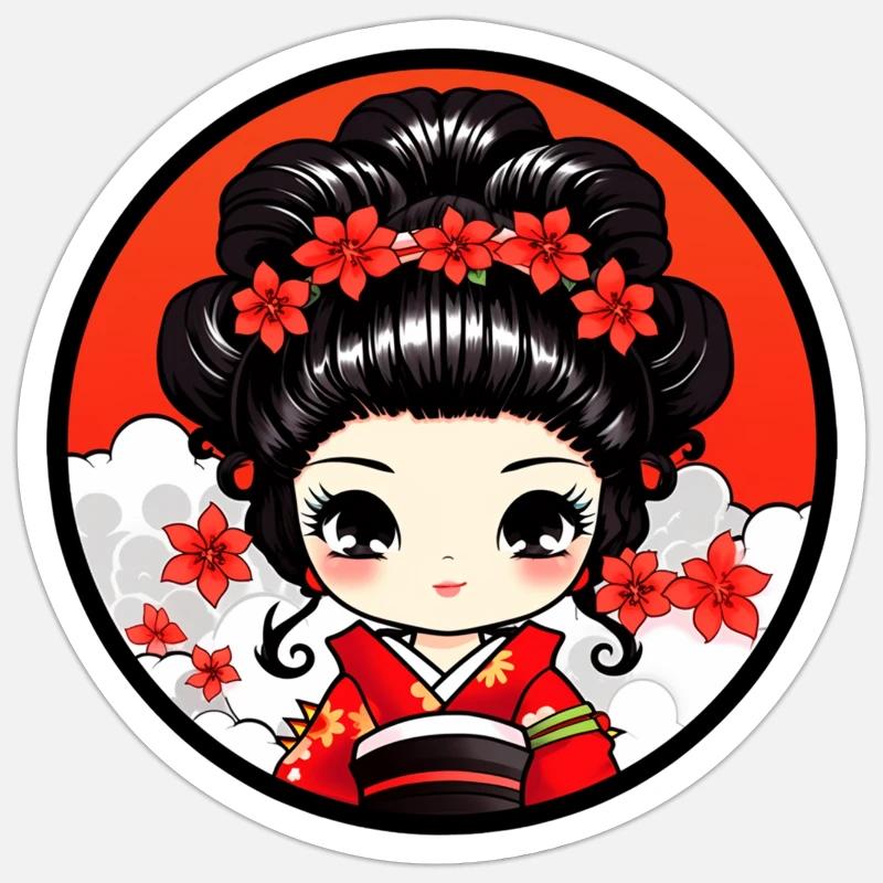 Chibi Geisha Japon - Sticker taille S (10 x 10 cm) - blanc mat