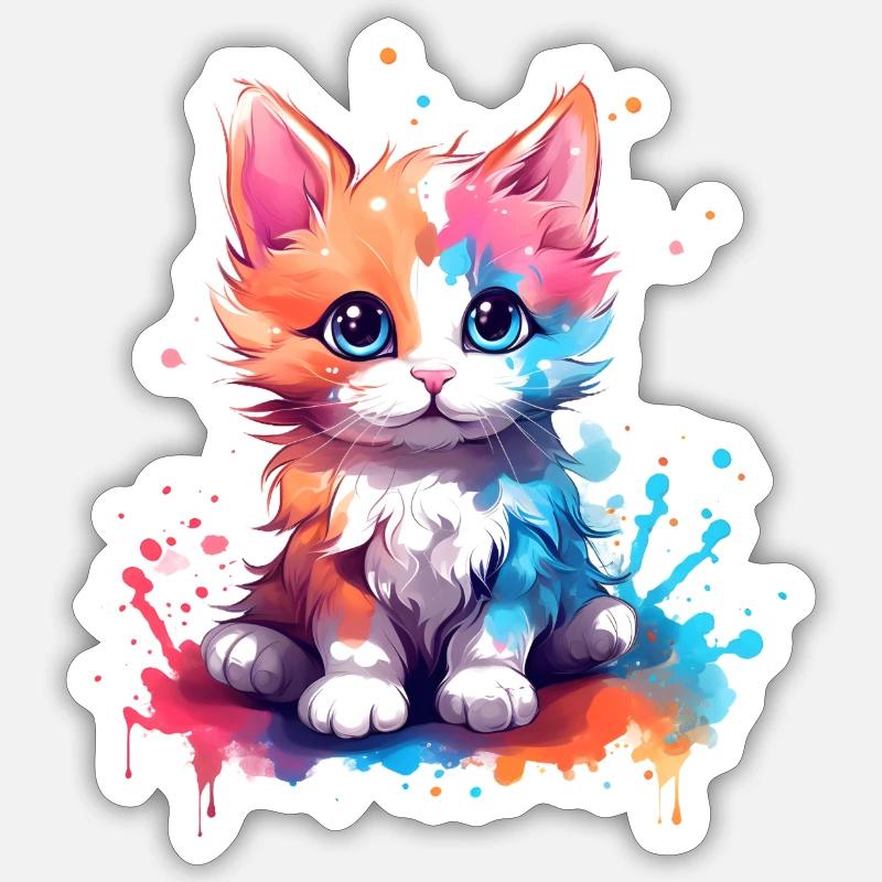 Mignon petit chat coloré avec éclaboussures de couleur Sticker taille S (10 x 10 cm)