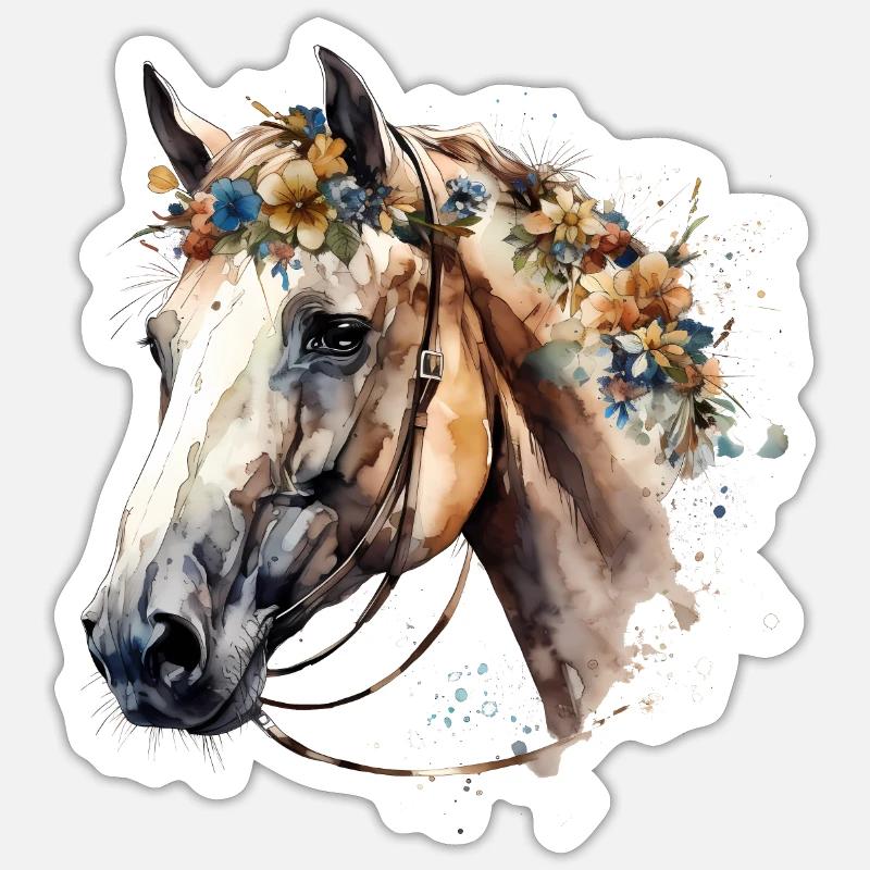 Weißes Pferd mit zarten Blumen - Boho Look - Sticker Größe S (10 x 10 cm) - Mattweiß