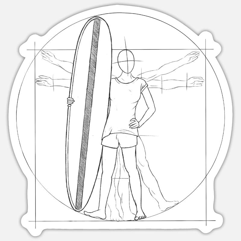 Vitruvian human surfer with surfboard - Sticker size S (10 x 10 cm) - white matte