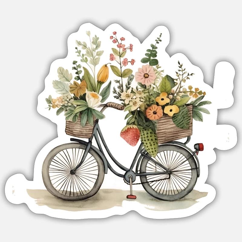 Vélo avec des fleurs - Sticker taille S (10 x 10 cm) - blanc mat
