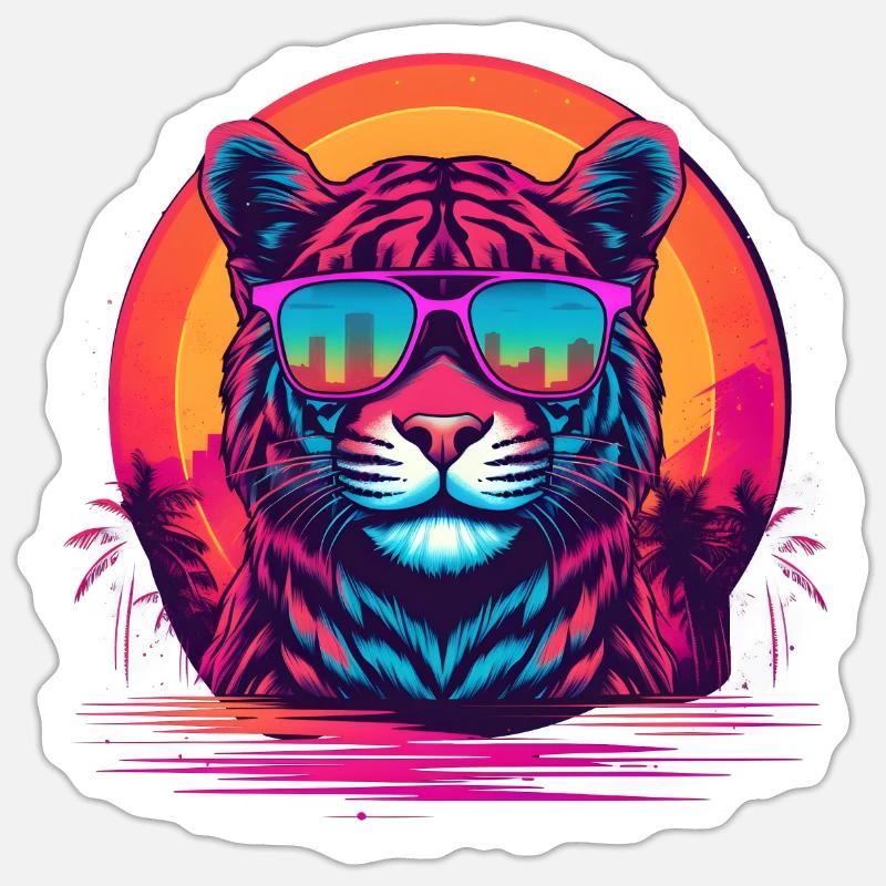 Synthwave Tiger Sunset Sticker size S (10 x 10 cm)