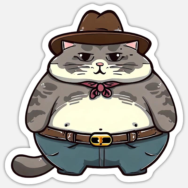 Gros chat cowboy - Sticker taille S (10 x 10 cm) - blanc mat