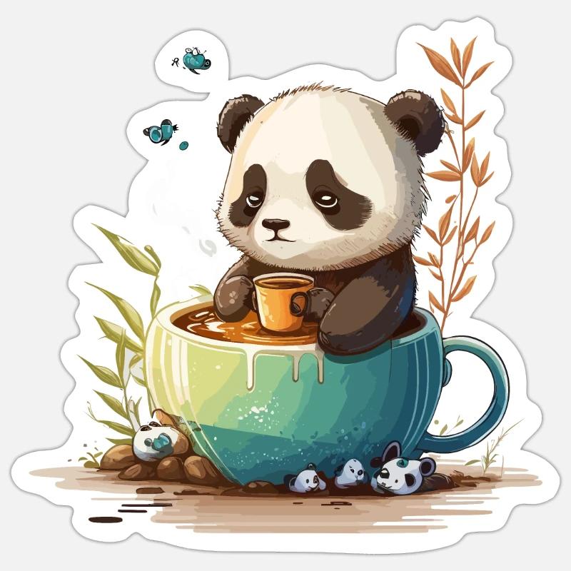 Panda Tea Time - Sticker Größe S (10 x 10 cm) - Mattweiß