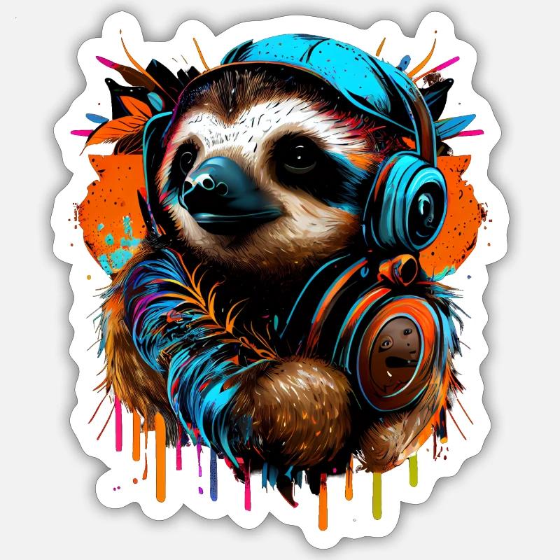 Faultier mit Kopfhörern - Sticker Größe S (10 x 10 cm) - Mattweiß
