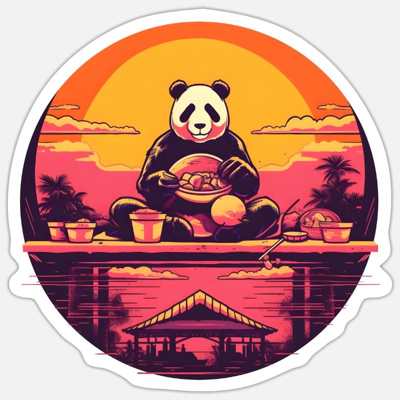 Synthwave eating Panda Japan Sunset - Sticker Größe S (10 x 10 cm) - Mattweiß