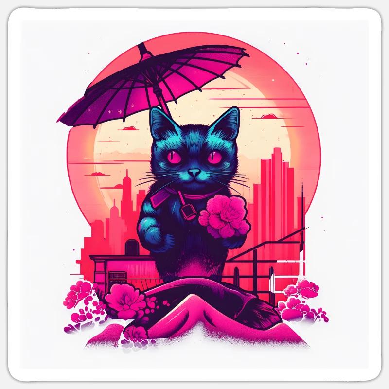 Synthwave japan Chat avec parapluie Sticker taille S (10 x 10 cm)