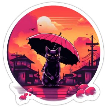 Synthwave japan Cat with umbrella - Sticker Größe S (10 x 10 cm) - Mattweiß - Vorne