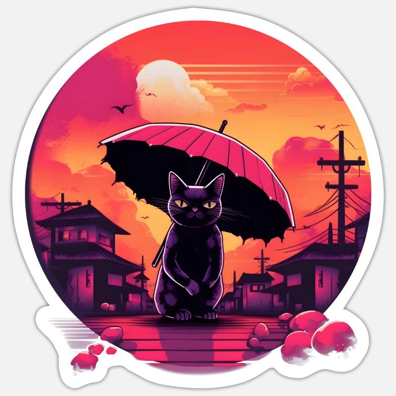 Synthwave japan Cat with umbrella - Sticker size S (10 x 10 cm) - white matte